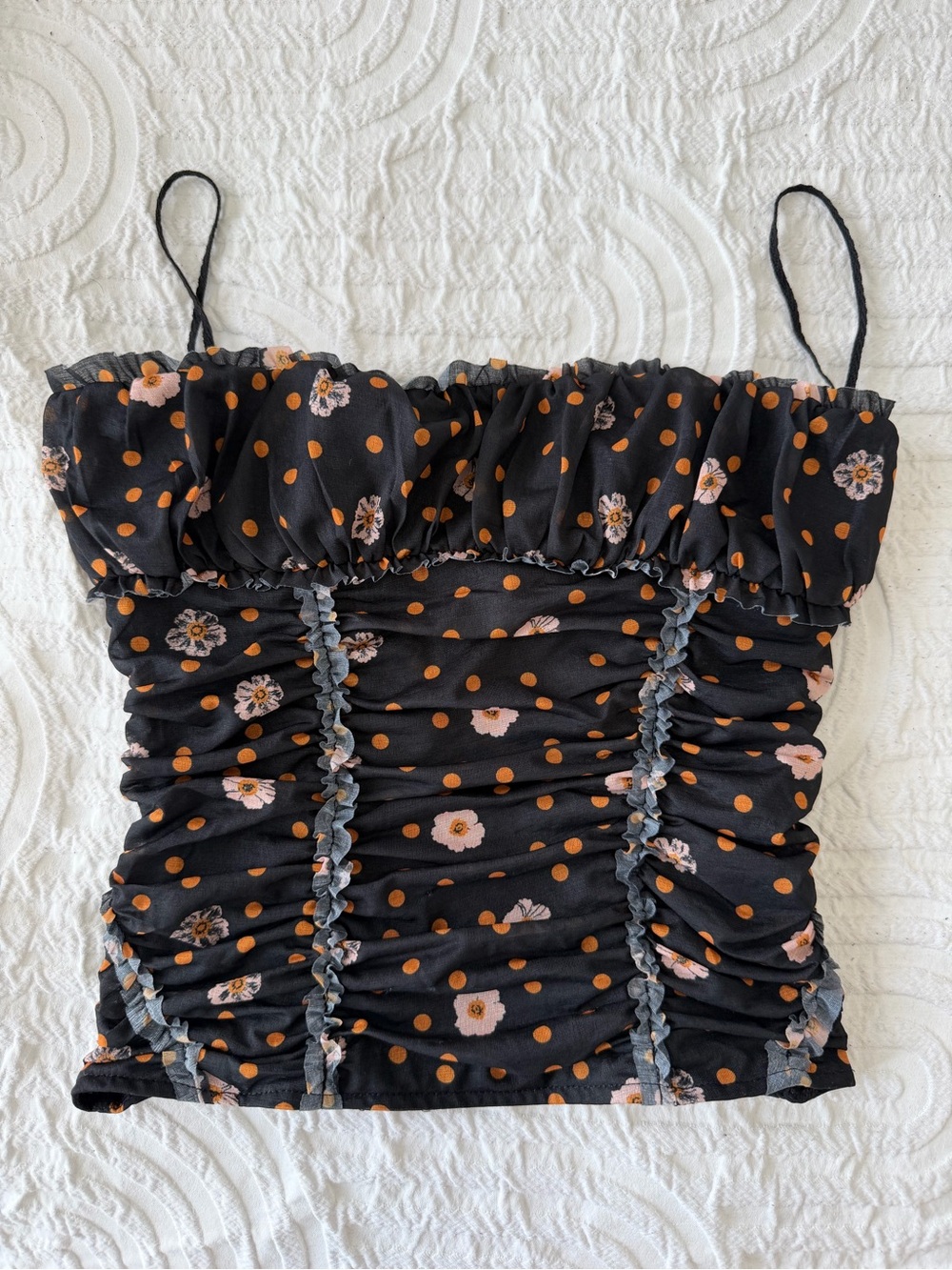 Free People Black Cami with Orange Polka Dots and Pink Floral Print